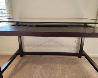 Available for Presale: D1 Crate & Barrel, Glass Top Dark Wood Desk. H30" x W48" x D26. Excellent Condition
