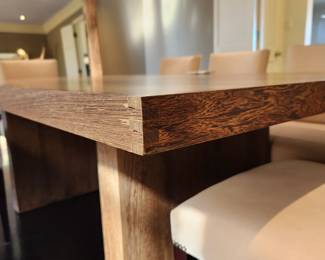 Available for Presale: Wenge table with two panel legs and stainless steel rod trestle with seating available for 8 chairs.. 78”x42”x29”  Custom table and mirror made by Gary Corum of Hot Springs, AR – purchased in 1998. Excellent condition. Absolutely stunning in person.