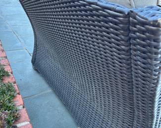 Available for Presale 02: Belvedere Manufactured Wicker Love Seat, Side Chair, Coffee Table with glass top & 2 Side Tables with glass top (wicker is deteriorating on the Love Seat and Chair; tables seem to be OK).  Loveseat H 37" x W 53" x D 21". Side Chair: 37" x 29" x 21". 