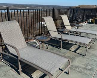 Available for Presale. O8-Winston Nickel Aluminum Outdoor Furniture: Purchased Summer 2008 from Ken Rash’s of AR.  (fair-to moderate condition, some fading of metal and drying out of sling material, some minor scratches)            3 Lounge Chairs' 39"H x 26"W x 48"D. Rocker Chair with Ottoman 37" H x 21" W x 19" D. Side Tables 18" x 18"
