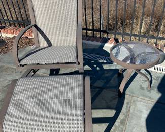 Available for Presale. O8-Winston Nickel Aluminum Outdoor Furniture: Purchased Summer 2008 from Ken Rash’s of AR.  (fair-to moderate condition, some fading of metal and drying out of sling material, some minor scratches)            3 Lounge Chairs' 39"H x 26"W x 48"D. Rocker Chair with Ottoman 37" H x 21" W x 19" D. Side Tables 18" x 18"
