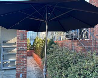 Available for Presale. O5 Treasure Garden  Double Windvent 9ft Collar Tilt umbrellas – Walnut Bronze and Ivory Sunbrella fabric. Purchased from Ken Rash's. 