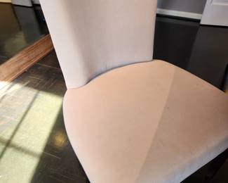 Available for Presale: Velvet Dining Room Chairs, Set of 8. Back H 34", Seat H 18", W 20" x D 17"  Some very minor staining, please inspect the chairs closely in each picture. Price reflects minor flaws. 8 Mike Tabac armless side chairs with custom sand velvet fabric and Antique bronze nail head trim purchased in 1998 from Gary Mertins Design, Inc
 