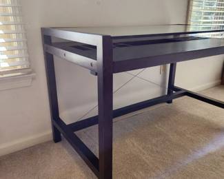 Available for Presale: D1 Crate & Barrel, Glass Top Dark Wood Desk. H30" x W48" x D26. Excellent Condition
