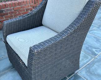 Available for Presale 02: Belvedere Manufactured Wicker Love Seat, Side Chair, Coffee Table with glass top & 2 Side Tables with glass top (wicker is deteriorating on the Love Seat and Chair; tables seem to be OK).  Loveseat H 37" x W 53" x D 21". Side Chair: 37" x 29" x 21". 