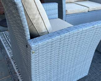 Available for presale. O2 . Wayfair – Similar to Freeport Park Friley 4-person outdoor seating set - Loveseat and 2 armchairs w/ cushions and coffee table with glass top – resin wicker – purchased in 2023. Comes with outdoor rug. Loveseat H 29" x W 49" x D 24" Side Chair  H 29" x W 28" x 29"D. Table 14" x 34" x 20". 