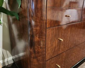 Available for Presale: B2 Black & Brown Drexel Heritage Furnishings. Black Lacquered Top & Wood Veneer.  7 Drawers and comes with Black Mirror. Top Lacquered Has Minor Chips on it. Dresser: 30" H x 64" W x 19" D. Mirror: 46"H x 31"W.