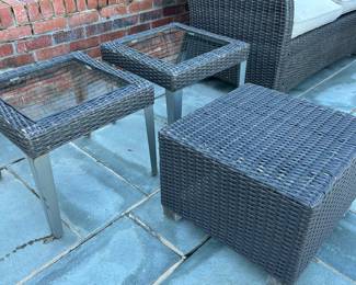 Available for Presale 02: Belvedere Manufactured Wicker Love Seat, Side Chair, Coffee Table with glass top & 2 Side Tables with glass top (wicker is deteriorating on the Love Seat and Chair; tables seem to be OK).  Loveseat H 37" x W 53" x D 21". Side Chair: 37" x 29" x 21". 