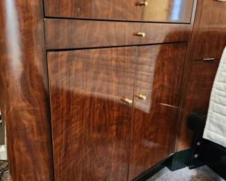 Available for Presale: B1 Brown & Black Drexel Heritage Furnishings Bedframe. Double platform bed, storage headboard with built in electrical power strip, side night stands with storage cabinet, draw, and pullout shelf. 9.6' W x 29" H x 6-12" D at various areas. Mattress is not included. Black lacquered top has chips on it. 