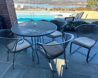 Available for Presale. O6 Wrought Iron Patio Table &  5 Chairs. Table: H 29" x W 41". Chair: H 31" x W 19" x D 19". Purchased McKay Outdoor Furnishings in Rhode Island. 