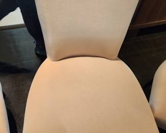 Available for Presale: Velvet Dining Room Chairs, Set of 8. Back H 34", Seat H 18", W 20" x D 17"  Some very minor staining, please inspect the chairs closely in each picture. Price reflects minor flaws. 8 Mike Tabac armless side chairs with custom sand velvet fabric and Antique bronze nail head trim purchased in 1998 from Gary Mertins Design, Inc
 