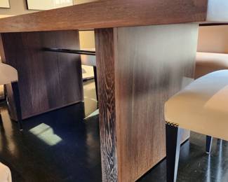 Available for Presale: Wenge table with two panel legs and stainless steel rod trestle with seating available for 8 chairs.. 78”x42”x29”  Custom table and mirror made by Gary Corum of Hot Springs, AR – purchased in 1998. Excellent condition. Absolutely stunning in person.