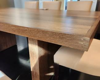 Available for Presale: Wenge table with two panel legs and stainless steel rod trestle with seating available for 8 chairs.. 78”x42”x29”  Custom table and mirror made by Gary Corum of Hot Springs, AR – purchased in 1998. Excellent condition. Absolutely stunning in person.