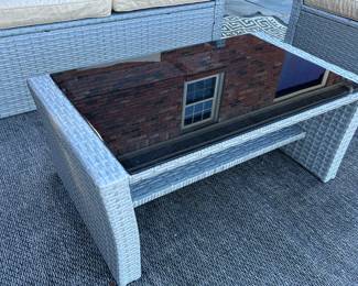 Available for presale. O2 . Wayfair – Similar to Freeport Park Friley 4-person outdoor seating set - Loveseat and 2 armchairs w/ cushions and coffee table with glass top – resin wicker – purchased in 2023. Comes with outdoor rug. Loveseat H 29" x W 49" x D 24" Side Chair  H 29" x W 28" x 29"D. Table 14" x 34" x 20". 