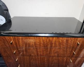 Available for Presale: B3 Black & Brown Drexel Heritage Furnishings. Black Lacquered Top & Wood Veneer. 8 Drawers. Top Lacquered Has Minor Chips on it. H 52" x W35" x 19" 