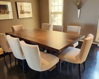 Available for Presale: Wenge table with two panel legs and stainless steel rod trestle with seating available for 8 chairs.. 78”x42”x29”  Custom table and mirror made by Gary Corum of Hot Springs, AR – purchased in 1998. Excellent condition. Absolutely stunning in person.