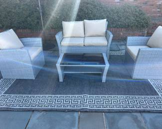 Available for presale. O2 . Wayfair – Similar to Freeport Park Friley 4-person outdoor seating set - Loveseat and 2 armchairs w/ cushions and coffee table with glass top – resin wicker – purchased in 2023. Comes with outdoor rug. Loveseat H 29" x W 49" x D 24" Side Chair  H 29" x W 28" x 29"D. Table 14" x 34" x 20". 