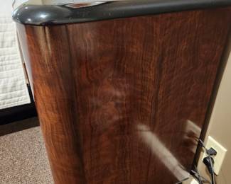 Available for Presale: B1 Brown & Black Drexel Heritage Furnishings Bedframe. Double platform bed, storage headboard with built in electrical power strip, side night stands with storage cabinet, draw, and pullout shelf. 9.6' W x 29" H x 6-12" D at various areas. Mattress is not included. Black lacquered top has chips on it. 