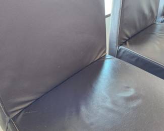 Available for Presale: C3- 6 Armless side chairs by Blueprint Furniture, Los Angeles, CA . Coffee leather, satin finish steel base. There are some very minor scratches on the chairs that could be. Leather could eliminate many of the minor scratches. Please inspect each photo carefully.  Back 34"H, Seat 19" H, W19" x D 17" 