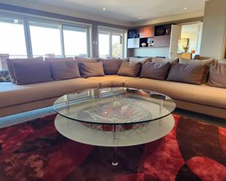 Available for Presale: C2- Elle Sectional, Dellarobbia Sectional with metal legs – purchased  from Cantoni Furniture, Dallas, TX. Very minor flaws on corner (please see photo details) – Retails for $12,000.00. R Exterior- Center 10'. Corner to L Exterior-10'. D 3'. Seat H: 15" Back H: 30"
Covered the front sectional pillows with Henry Calvin fabric (33 yds #10245 purchased) – for fabric – (extra fabric is available to go with the sectional).