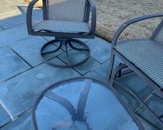 Available for Presale. O7-Winston Nickel Aluminum Outdoor Furniture: Purchased Summer 2008 from Ken Rash’s of AR.  (fair-to moderate condition, some fading of metal and drying out of sling material, some minor scratches)
Love Seat Glider – 37" H x 45" W x 19"D
2 Highback Stilt Chairs – 37" H x 21" W x 18"D .     
 Oval Table – 18" H x 25" W x 19"D