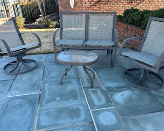 Available for Presale. O7-Winston Nickel Aluminum Outdoor Furniture: Purchased Summer 2008 from Ken Rash’s of AR.  (fair-to moderate condition, some fading of metal and drying out of sling material, some minor scratches)
Love Seat Glider – 37" H x 45" W x 19"D
2 Highback Stilt Chairs – 37" H x 21" W x 18"D .     
 Oval Table – 18" H x 25" W x 19"D