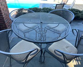 Available for Presale. O6 Wrought Iron Patio Table &  5 Chairs. Table: H 29" x W 41". Chair: H 31" x W 19" x D 19". Purchased McKay Outdoor Furnishings in Rhode Island. 