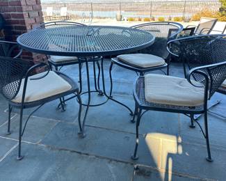 Available for Presale. O6 Wrought Iron Patio Table &  5 Chairs. Table: H 29" x W 41". Chair: H 31" x W 19" x D 19". Purchased McKay Outdoor Furnishings in Rhode Island. 