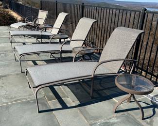Available for Presale. O8-Winston Nickel Aluminum Outdoor Furniture: Purchased Summer 2008 from Ken Rash’s of AR.  (fair-to moderate condition, some fading of metal and drying out of sling material, some minor scratches)            3 Lounge Chairs' 39"H x 26"W x 48"D. Rocker Chair with Ottoman 37" H x 21" W x 19" D. Side Tables 18" x 18"
