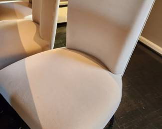 Available for Presale: Velvet Dining Room Chairs, Set of 8. Back H 34", Seat H 18", W 20" x D 17"  Some very minor staining, please inspect the chairs closely in each picture. Price reflects minor flaws. 8 Mike Tabac armless side chairs with custom sand velvet fabric and Antique bronze nail head trim purchased in 1998 from Gary Mertins Design, Inc
 