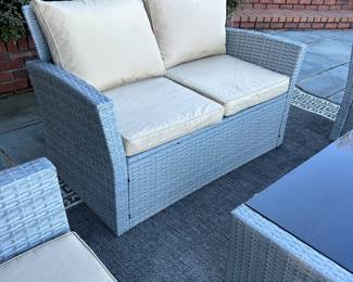 Available for presale. O2 . Wayfair – Similar to Freeport Park Friley 4-person outdoor seating set - Loveseat and 2 armchairs w/ cushions and coffee table with glass top – resin wicker – purchased in 2023. Comes with outdoor rug. Loveseat H 29" x W 49" x D 24" Side Chair  H 29" x W 28" x 29"D. Table 14" x 34" x 20". 