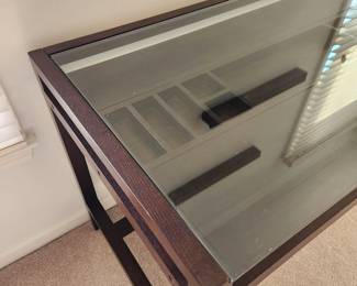 Available for Presale: D1 Crate & Barrel, Glass Top Dark Wood Desk. H30" x W48" x D26. Excellent Condition