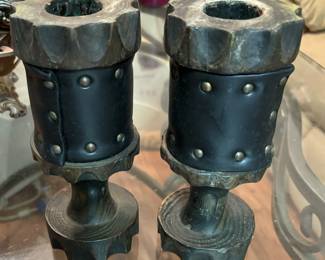 leather and wood candle holders