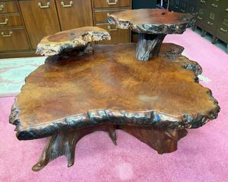 71A Vintage Burl Wood 3Tier Coffee Tablemin