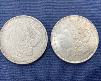 (2) 1921-D MORGAN SILVER DOLLARS