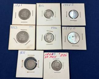 (8) SILVER QUARTERS/DIMES/3 CENT 1868