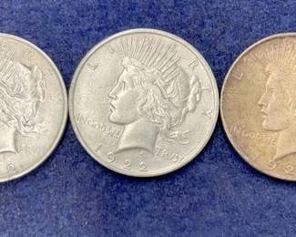 (3) 1922D/(2) 1922 PEACE SILVER DOLLARS