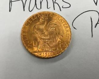 1912 GOLD 20 FRANKS W/ ROOSTER