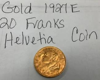 1927 E GOLD 20 FRANKS HELVETIA COIN