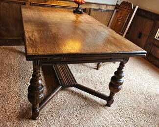 1 of 6 pictures - Vintage Matching table with extensions and 6 chairs (need some work a 2 ). Will sell separately.