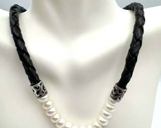 Sterling 925 Leather Pearl Necklace