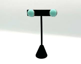 Vintage Sterling Teal Stone Button Clip On Earrings