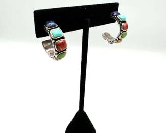 Sterling 925 Hoop Earrings with Multicolored Stones