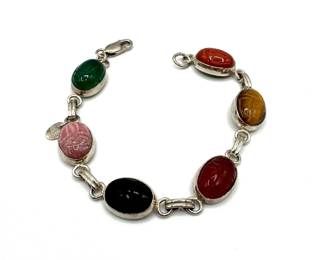 Vintage Carved Stone Belle Sterling 925 Scarab Bracelet
