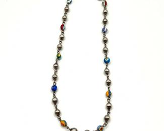 Vintage Italian Sterling 925 Necklace with Glass Millefiori Beads