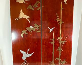 Mid Century Asian Inlain Wood Hanging Panel