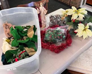 Box Lot 47 clear tote of bows, angel, and Christmas decorations
