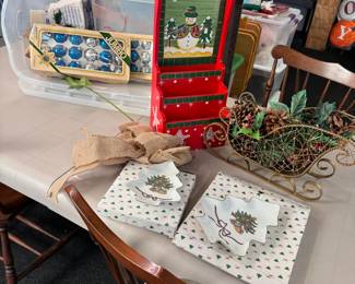 Box Lot 37 plastic tote of Christmas decorations including bulbs, sleigh and letter holder