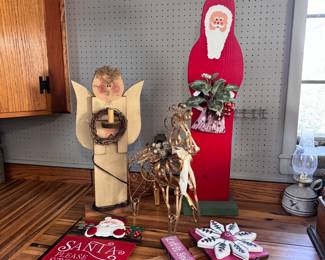 Box Lot 11 Wooden angel & Santa 36"H, metal reindeer, small yard signs