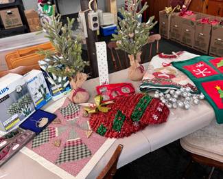 Box Lot 45 large tote of Christmas lights, tree skirt, small trees